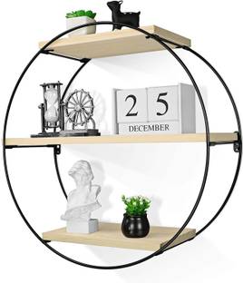 classiconline Style Living Room Wall Hanging, Iron Shelf, Solid Wood Shelves Partition Wall Round Floating Display Stand Bookcase Flower Stand Iron Engineered Wood Display Unit
