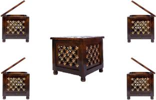 Smarts collection Beautiful Antique Wooden Stool with Brass Cutting Design Storage Stool for Living Room and Bedroom Furnitur, Solid Wood Corner Table (Finish Color - Brown, Pre-assembled)(set of 5) Solid Wood Side Table