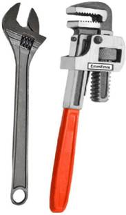 EmmEmm Super Combo of 10 Inch Drop Forged Pipe Wrench & 8 Inches Adjustable Wrench 10 Inch Pipe Wrench + 8 Inch Adjutsable Wrench Single Sided Pipe Wrench