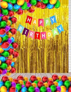 Realistic Store Solid Happy Birthday Banner Multi With 30 Pcs HD Metallic Balloon (Multi) 2 Pcs Golden Curtain Decoration Kit for Boys & Girls balloons (Pack of 33) Balloon