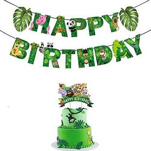 ZYOZI Jungle Safari Happy Birthday Decoration Kids,Animal Birthday Party Decoration Banner with Cake Topper for Boy Birthday 1st 2nd 3rd 16th 18th 21st (Pack of 2)