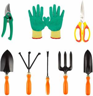 IBEX Gardening Tools Set of 8 (Big Trowel, Small Trowel, Weeder, Cultivator, Garden Fork & Pruner, Multipurpose Scissor, Gloves) Garden Tool Kit