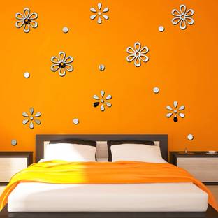 Bikri Kendra Flower silver 4set 3d acrylic mirror wall stickers Pack of 4