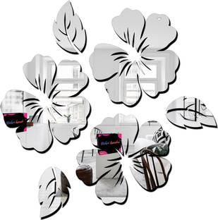 Bikri Kendra Flower with leaf silver 3d acrylic mirror wall stickers