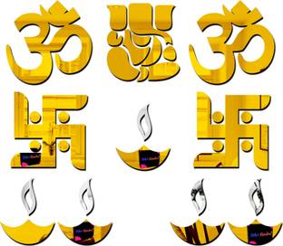 Bikri Kendra Ganesha om swastik diya combo golden 3d acrylic mirror wall stickers Pack of 10