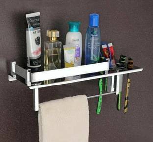 Filox Stainless Steel 3 in 1 Bathroom Shelf with Tumbler Holder & Towel Hanger, Multipurpose Wall Mount Bath Shelf Organizer & Rack Silver Towel Holder