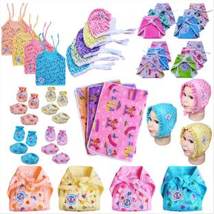 V.B.K Baby Boy and Baby Girl Essential Clothing Set Combo Pack Of 39 Items With Jhabla (4 Pcs), Nappy (Langot) (16 Pcs), Hand Mittens (Gloves) (4 Pair), Leg Booties (Socks) (4 Pairs), Cap (8 Pcs) and Baby Bed Urine Protector Sheet (3 Pcs), Pure Organic and Hosiery Cotton Soft Fabric, 0 to 4 Months