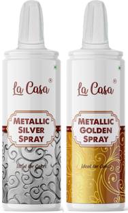 La Casa Metallic Pearlescent Golden & Silver Spray Colour | Combo Pack of 2 | Edible Color Ideal for Cake Decoration & Garnishing | Glitters