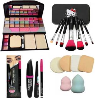 Crynn Pro Ultra Perfect Rosedale Makeup Eyeshadow with 7pc makeup brush set + 3 IN1 combo Mascara,eyeliner,Pencil and a perfect pack of beauty blender with makeup sponge