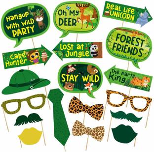 ZYOZI 18PCS Jungle Safari Photo Booth Props Wild Animals Forest Themed Party Props Kit for Jungle Safari Kids Baby Shower Birthday Party Decorations Supplies Photo Booth Board