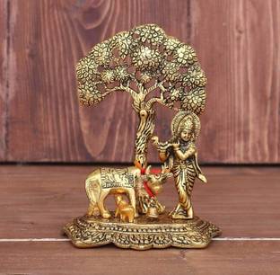 SBBCO Metal Krishna with Cow Standing Under Tree Plying Flute Decorative Showpiece  -  17 cm