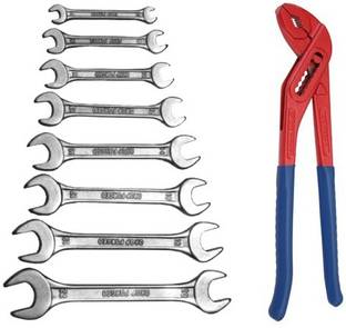 DHATRI TOOLS DOE Spanner Set of 8 Pcs With Rack (6x7,?8x9,10x11,12x13,14x15,16x17,18x19,20x22 )10 INCH WATER PUMP PLIER Double Sided Open End Wrench