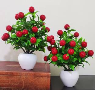 BK Mart Set of 2 Red Cherry Table Flower top for home shop office decoration gift Artificial Plant  with Pot