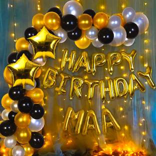 HBD Maa Happy Birthday Decorations kit - Gold Black Silver theme for Birthday/Party/Baby Shower/welcome home/ Season's Party Decorations - Happy Birthday Foil Banner Gold, Gold Black and Silver Metallic Balloons and Babu Foil Balloons Golden, Stars Foil Balloons with Fairy LED Light Combo