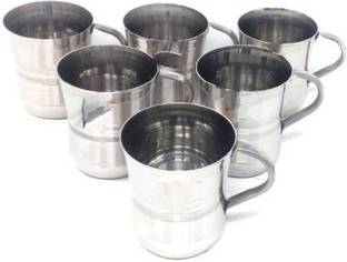 MISKU (Pack of 6) (Pack of 6) Stainless Steel Damru Cup/Glassy/Mug for Coffee and Tea - Set of 6 Piece - 200 ml Each (Silver) (Made in India) Glass Set (200 ml, Steel) Glass Set Shot Glass