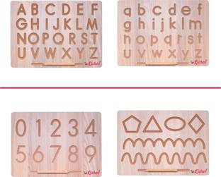 LICHEE 4 IN 2 Combo English Alphabet, Number and Patten Board|Capital Word "ACBD", Small Word "abcd" and Number "0 To 9", Curve Pattens|Educational Puzzle Toys, Teach your Child about Alphabets, Number and Patten Board for 2+ Years Old Kids