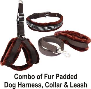 BODY BUILDING Dog Belt Combo of Brown Fur Padded Dog Harness with Dog Collar & Leash Specially for Medium Breed Dog Harness & Leash
