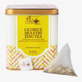The Indian Chai Licorice Mulethi Zing Herbal Tea 30 Pyramid Tea Bags for Immunity and Stress and Cough Cold and Throat Liquorice Herbal Infusion Tea Bags Tin