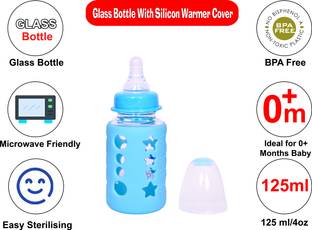 mastela Premium Quality High Borosilicate Glass Feeding Bottle/Feeder with Premium Silicon Sleeves/Warmer Cover & Ultrasoft Flow Control Nipple (Blue, 125ml/4Oz) - 125 ml