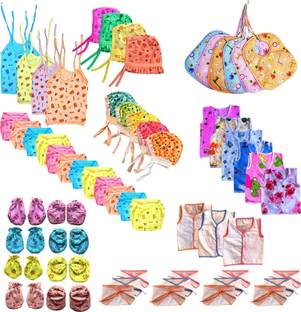 Bigbought Baby Care Combo Of 60 Items (All in One), Hosiery and Cotton Cloth Material, 0 to 6 Months (Multicolor)