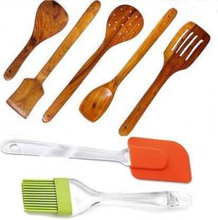 परचेज24स7 Wooden Spoon Set Of 5 for Non Stick With Silicone oil brush combo वुडेन सर्विंग स्पून सेट