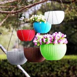 Decorzone Beautiful Woven Design Hanging Basket Plant Container Set