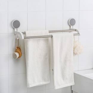 mouldex Double Pole Towel Rack Stainless Steel Bath Towel Holder Organizer Self Adhesive Towel Hanger Rail with 2 Hooks for Bathroom Kitchen - Polished Finishing 20 inch 2 Bar Towel Rod