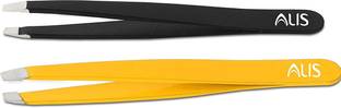 alis Slant Tip 2 Tweezers, Use for Hair Plucker, Eyebrow, Blackhead Removal, Eyelash Extensions - Combo Set of 2 (Black, Yellow)