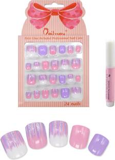 Nailway Designer Pre Glued Kids Press on nails with Nail Glue - PINK & BLUE PINK & BLUE