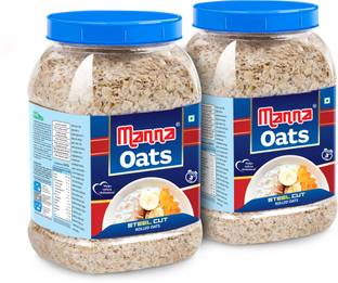 Manna Oats - 1kg (500g x 2 Jars) | Gluten Free Steel Cut Rolled Oats | High in Fibre & Protein | 100% Natural | Helps Maintain Cholesterol. Good for Diabetics Plastic Bottle