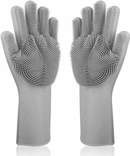 Surat Dream Silicon Hand Gloves For Kitchen Washing Utensils Dishes With Brush Cleaning Scrubber Wet and Dry Glove Set