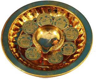 JDS PUJA ARTICLES Brass Lakshmi Kubera Villaku - Lamp with Plate Brass Table Diya