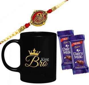 Cadbury King Bro Black mug with Red kundan Rakhi,1 Rakhi, 1 Tilak Pack With Rakshabandhan Greet Card Rakhi for Brother Bhai Bro Bhaiya with 2 Dairy Milk Chocolate Combo