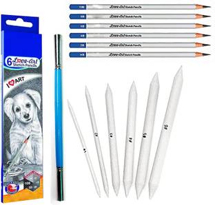 ARTTWALA 6PCS GRAPHITE SKETCHING PENCIL SET FOR DRAWING , 1PC OF TWIN PENCIL EXTENDER , 6PCS OF BLENDING PAPER STUMPS COMBO SKETCHING KIT FOR ARTISTS