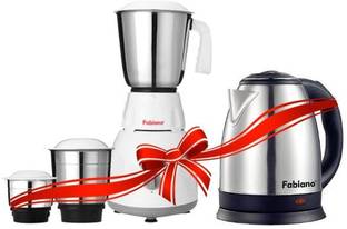 Fabiano 500W Mixer Grinder (White & Grey, 3 Jars) & 1.8L Electric Kettle (Silver)