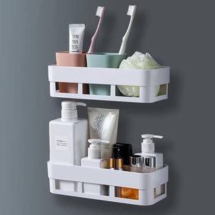 shree sales Bathroom Shelf Kitchen Shelf Box Stand Combo - Wall Mount Bathroom Accessories for Home Decor with Self Adhesive Sticker - White (Bathroom Shelves 2Pcs) Plastic Wall Shelf (Number of Shelves - 2, White) Plastic Wall Shelf