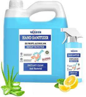 venzer  70% Alcohol Based Sanitizer With 500ml Spray Bottle Non-Sticky Disinfectant Liquid Based Cleanser - (5 Litre) Hand Sanitizer Can
