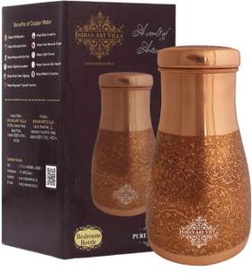 IndianArtVilla Pure Copper Bedroom Water Bottle With Inbuilt Glass & Embossed Design 1000 ml Bottle