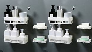 DAITORY Plastic Kitchen Hanging Shelf Storage Rack Self Adhesive Traceless Rectangular Box Waterproof Kitchen Bathroom Shelves and Soap Stand Holder Organizer (4 Bathroom Shelves+ 4 Soap Box) Plastic Wall Shelf (Number of Shelves - 8, White)