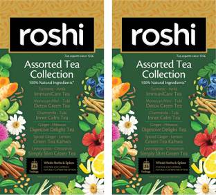ROSHI Assorted Value Pack with 6 Exotic flavours (Pack of 2) |(50 Tea bags)| Caffeine free and Low-caffeine samples |100% Natural Assorted Green Tea Bags Box