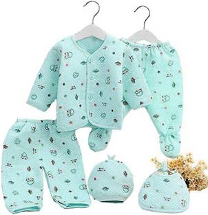 PIKIPOO Presents New Born Baby Winter Wear Keep warm Cartoon Printing Baby Clothes 5Pcs Sets Cotton Baby Boys Girls Unisex Baby Fleece / Falalen Suit Infant Clothes First Gift For New Baby (Sky Blue 0-4 Months)
