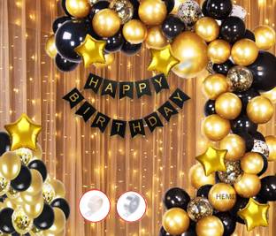 Hemito Solid 92pcs Birthday Balloons Decoration With Light Kit Items Combo-92Pcs for Kids Boys Girls Adult Women Husband,Quarantine Theme Decorations/Black Gold Supplies/Foil Balloon,Latex Baloon,Star and Banner Happy Birthday Decorations Items Set Balloon
