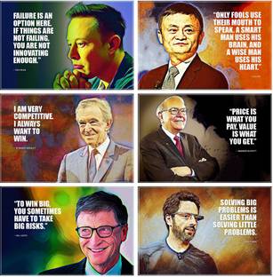 Elon Musk, Bill Gates, Jack Ma, Warren Buffett, Bernard Arnault, Sergey Brin Motivational Wall Posters and Inspirational Quotes for Office, Home and gym, Pack of 06 Paper Print