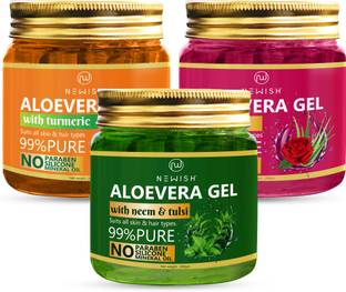 NEWISH Premium Rose Aloevera Gel, Turmeric Aloe Vera Face Gel And Neem Tulsi Facial Aloe Vera Gel Combo