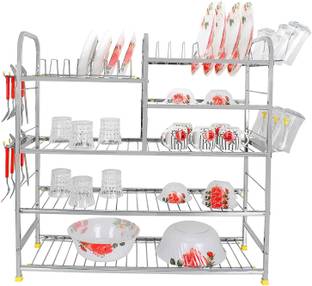 FILIPCART Dish Drainer Kitchen Rack Steel 5 Layer 30X30 inch Wall Mount Modern Kitchen Utensils Dish Rack Stainless Steel Kitchen Rack Kitchen Storage Rack/Utensils Rack with Plate & Cutlery Stand