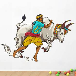 WALLPIK Jallikattu - Tamil - Traditional - Bull - Fight - Creative - Colorful - Decorative - Wall Sticker - WP041