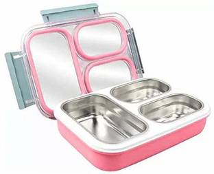 S M CREATION Stainless Steel Lunch Box with 3 Compartments 1.2ltrs, Tiffin Box, Snacks Box with Removable Inner Bowls (Pink) 1 Containers Lunch Box