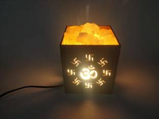 PPJ Rock Salt Lamp Led Light OM Natural Air Purifier Vastu FengShui Table Decorative showpiece Home Decor Gifting Positive Energy Peace Harmony(4 inch x 3.5 inch x 3.5 inch) (WOODEN) डेकोरेटिव शोपीस  -  8 cm