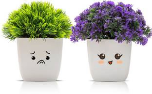 Amputive Artificial Faux Plant Cute Bushy Shrub Topiary Shrub with Lovely Face Pots for Home/Office Decoration-Set of 2-AH13 Green, Purple, White Cherry Blossom Artificial Flower  with Pot