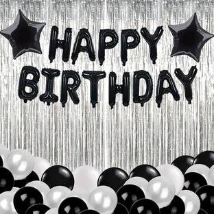 Realistic Store Solid Happy Birthday Balloon Foil Black With 30 Metallic Balloons and 2 Curtain Silver & 2 Star Foil Black Decoration Kit Balloon